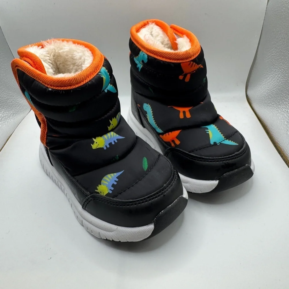 NWOT Toddler 6 Boys Black and Orange Dinosaur Winter Snow Boots w Velcro Closure